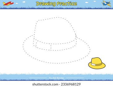 Fun Drawing game. Drawing Practice Yellow Hat cartoon landscape. Educational game for children. fun activities for kids to play and learn.