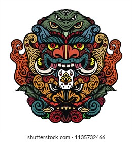 fun drawing of mythical creatures evil heads mask of traditional belief sketch line illustration colored