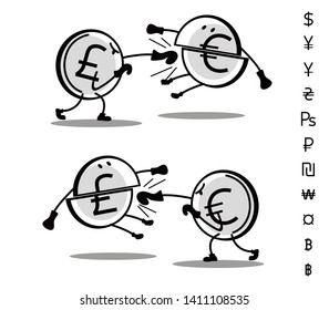 Fun drawn currencies are fighting each other. Pound beats euro. Vector line art