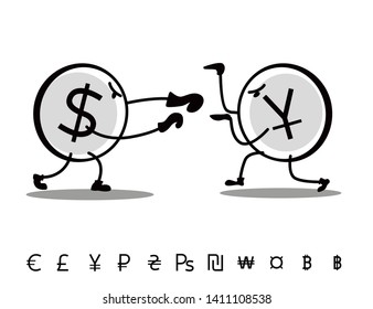 Fun drawn currencies are fighting each other. Dollar attacks Yuan. Vector line art