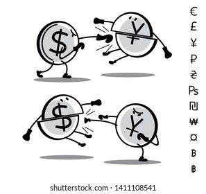 Fun drawn currencies are fighting each other. Fight Dollar and Yuan. Vector line art