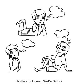 fun dreaming kid boy vector. childhood travel, happy freedom, girl adventure fun dreaming kid boy character. people black line pencil drawing illustration