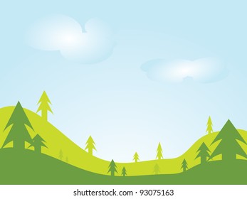 Fun Dreamy Landscape. Vector cartoon illustration of colorful nature scene with white clouds over green landscape and blue sky.
