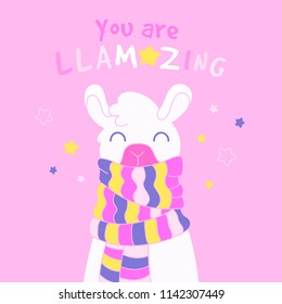 Fun dressed llama. Cute llama and alpaca card. Lama illustration vector. Fantasy animal card, t-shirt cute print.