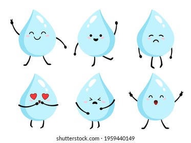 a fun drop set with cute faces. drops with different emotions. water drops with different characters. isolated on a white background set vector illustration.