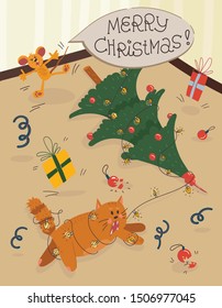 Fun and dynamic Christmas cards and posters design. Cute cat knocked over the Christmas tree, entangled in a garland and scared the mouse, symbol of the 2020 year. Hand drawn vector illustration.