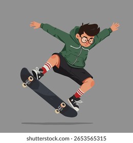A fun and dynamic vector illustration of a young boy performing a skateboard trick in the air. The character wears a green hoodie, round glasses, and striped socks, giving it a trendy and playful vibe