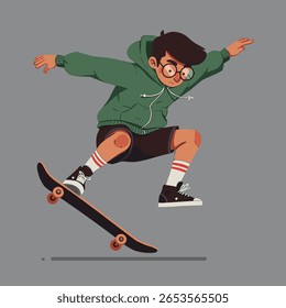 Uma divertida e dinâmica ilustração vetorial de um jovem rapaz realizando um truque de skate no ar. O personagem usa um capuz verde, óculos redondos e meias listradas, dando-lhe uma vibração na moda e brincalhão