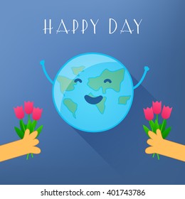 Fun Earth Day Card with hands and tulips. Vector illustration