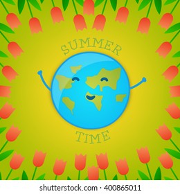 Fun Earth Day Card with tulips. Vector illustration