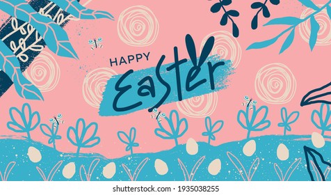 A fun Easter banner. Fancy Easter design with typography, hand-painted strokes and dots, flowers, plants. Horizontal poster, greeting card, header for a website.