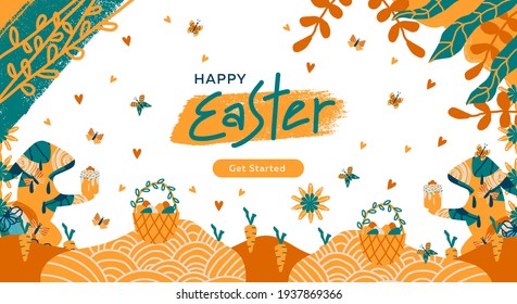 Fun Easter banner. Fancy Easter design with typography, hand-painted strokes and dots, flowers, plants. Horizontal poster, greeting card, header for a website.