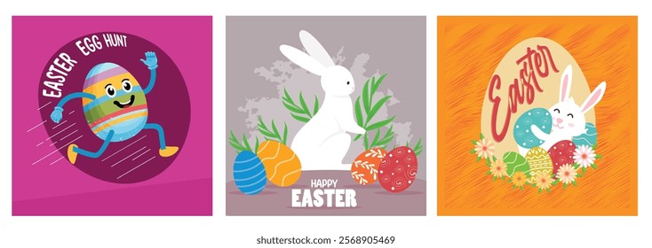 Fun Easter egg hunt contest. Easter Bunny with colored eggs and plants. Light color background. Easter 2025 concept. Set flat vector illustration.