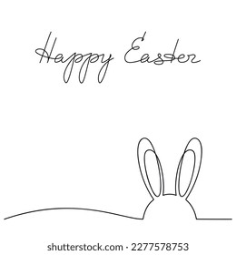 Fun Easter rabbit ears greeting card. Hand drawn line continuous bunny. Vector lettering, text, writing, phrase, quote, slogan. Graphic design,  print, banner,  poster, postcard.