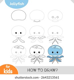 Fun and easy guide how to draw a cute jellyfish in steps. Ideal for preschool and elementary kids who enjoy ocean creatures and creative activities. Vector cartoon worksheet