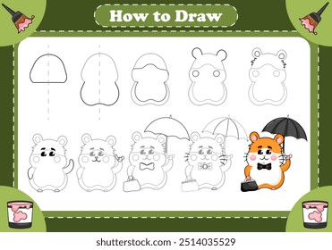 A fun and easy step-by-step tutorial for kids to learn how to draw a charming hamster gentleman holding an umbrella. Printable worksheet for children's books or as activity for rainy days.