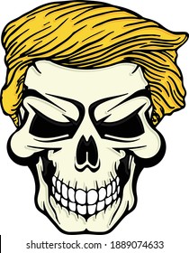 Fun Edgy Cartoon Style Illustration Of Menacing Skull With Hair To Resemble America's President In Full Color Design. Illustrator Eps Vector Graphic.