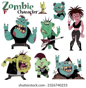 A fun and edgy cartoon-style illustration featuring a collection of rock-and-roll and punk-inspired zombie characters.