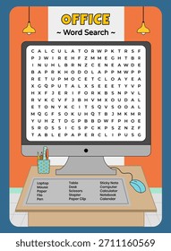 Ilustración vectorial divertida y editable de un juego de palabras de vocabulario con elementos de oficina como computadora, computadora portátil y calculadora. Ideal para imprimibles, hojas de trabajo educativas y libros de actividades para todas las edades.