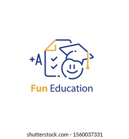 Fun education concept, emoticon and checklist, exam preparation, high score test results, check knowledge, vector line icon