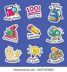 Fun Education Doodle Stickers with Motivational Words - Hand Drawn School Vector Set