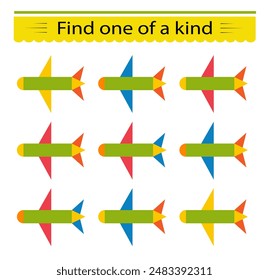 Fun education game for children. Need to find one of a kind airplane. Kids activity page. Vector illustration.