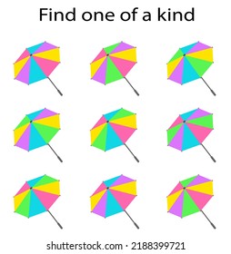 Fun Education Game For Kids. Need To Find One Of A Kind Umbrella. Kids Activity Page. Vector Illustration.