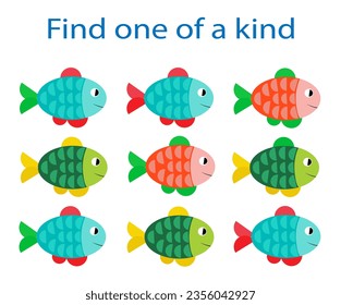 Fun education game for kids. Need to find one of a kind fish. Kids activity page. Vector illustration.