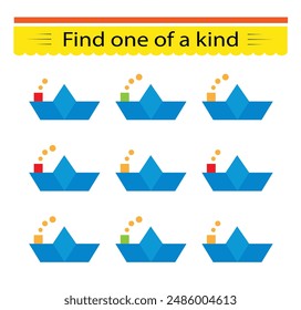 Fun education game for kids. Need to find one of a kind paper boat. Kids activity page. Vector illustration.