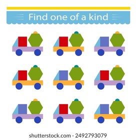 Fun education game for kids. Need to find one of a kind car. Kids activity page. 