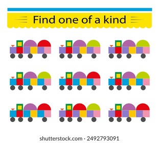 Fun education game for kids. Need to find one of a kind train. Kids activity page. 