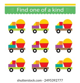 Fun education game for kids. Need to find one of a kind truck. Kids activity page. 