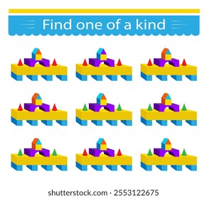 Fun education game for kids. Need to find one of a kind fish. Kids activity page. 