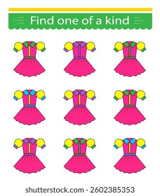 Fun education game for kids. Need to find one of a kind dress. Kids activity page. Vector illustration.
