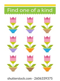 Fun education game for kids. Need to find one of a kind rose. Kids activity page. Vector illustration.