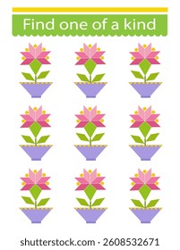 Fun education game for kids. Need to find one of a kind pink flower. Kids activity page. 