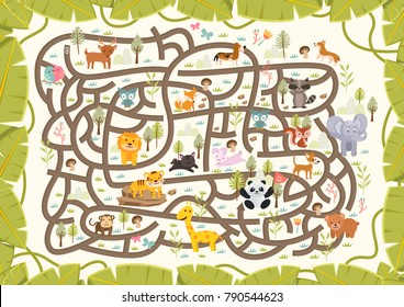 Fun Educational Animal Wildlife Theme Maze Puzzle Games For Children Illustration 