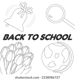 Fun and educational back-to-school coloring page for kids. Features school-themed elements like a bell, globe, and flowers.