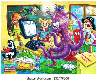 Fun educational classroom scene with cartoon children and animal pupils and an octopus teacher.