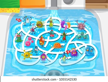 Divertido Deslavavajillas Sink Germs and Cleaner Theme Maze Puzzle Games for Children Ilustración, adecuado para juegos, impresión de libros, aplicaciones, educación y otras actividades relacionadas con la diversión para niños.