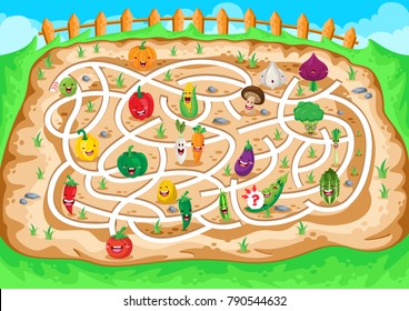 Fun Educational Farming Vegetable Theme Maze Puzzle Games For Children Illustration 