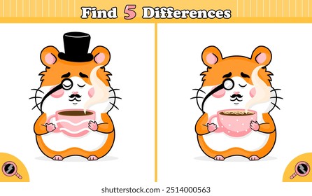 Um divertido jogo educativo para crianças com um encantador hamster de desenho animado vestido com terno de cavalheiro, desfrutando de uma xícara de chá britânico. Encontre as 5 diferenças