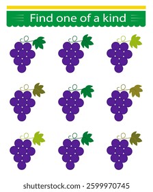 Fun educational game for kids. Need to find one of a kind grape. Kids activity page. 