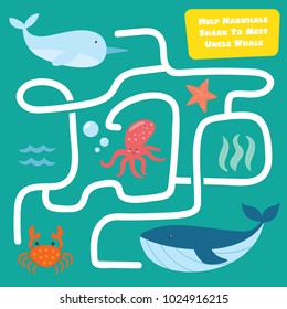 Fun educational Help Narwhal Find the way. Mini maze game for kid collection set. Wild animal games for children. suitable for games, book print, apps, education, and other kids fun activity related.