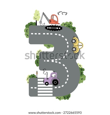 A fun and educational illustration of the number 3, designed to look like a winding road.