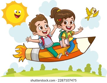 fun educational images with educational materials.Funny Kid Flying On Colorful Pencil cartoon vector