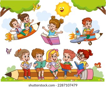 fun educational images with educational materials.Funny Kid Flying On Colorful Pencil cartoon vector