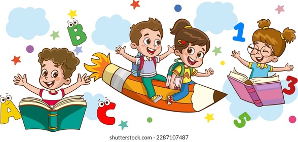 fun educational images with educational materials.Funny Kid Flying On Colorful Pencil cartoon vector