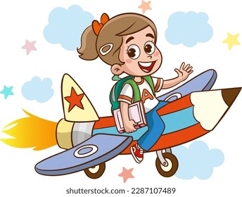 fun educational images with educational materials.Funny Kid Flying On Colorful Pencil cartoon vector