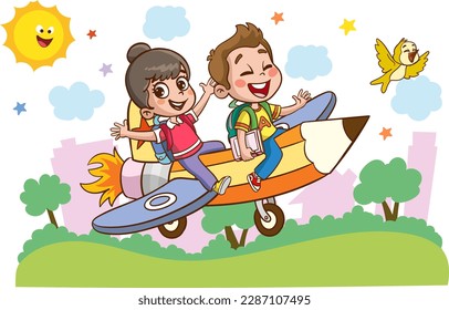 fun educational images with educational materials.Funny Kid Flying On Colorful Pencil cartoon vector